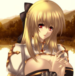 Rule 34 | 1girl, arch bishop (ragnarok online), bad id, bad pixiv id, blonde hair, blush, breasts, cleavage, female focus, forest, hair ribbon, juri (shiningred), large breasts, long hair, nature, open mouth, outdoors, ragnarok online, red eyes, ribbon, solo, water