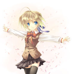 Rule 34 | 00s, 1girl, ahoge, alternate costume, artoria pendragon (all), artoria pendragon (fate), blonde hair, blue eyes, blush, braid, breasts, brown vest, collared shirt, cowboy shot, facing viewer, falling petals, fate/stay night, fate (series), french braid, gradient background, homurahara academy school uniform, long sleeves, looking at viewer, miniskirt, outstretched arms, petals, pleated skirt, red neckwear, saber (fate), sakuraminto, school uniform, shirt, simple background, skirt, small breasts, smile, solo, standing, thighhighs, vest, white shirt