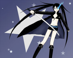 Rule 34 | 10s, 1girl, bad id, bad pixiv id, belt, bikini, bikini top only, black hair, black rock shooter, black rock shooter (character), blue eyes, boots, coat, flat chest, front-tie top, glowing, glowing eyes, hatsune miku, jacket, katana, knee boots, kuma (malia k), long hair, midriff, navel, pale skin, shorts, solo, star (symbol), swimsuit, sword, twintails, uneven twintails, very long hair, vocaloid, weapon