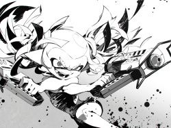 Rule 34 | 1girl, action, commentary, dual wielding, evil smile, fangs, glooga dualies (splatoon), greyscale, holding, jumping, leaning to the side, monochrome, nintendo, open mouth, paint splatter, pointy ears, red sole-chan (splatoon), short hair, short twintails, smile, solo, splatoon (manga), splatoon (series), tentacle hair, twintails, v-shaped eyebrows, wadanaka