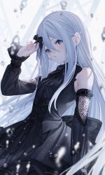 Rule 34 | 1girl, absurdres, black bow, black dress, black flower, black rose, blue eyes, blush, bow, bubble, commentary, detached sleeves, dress, flower, grey hair, hair between eyes, hair flower, hair ornament, hand up, highres, itsuka zetsubou no soko kara (project sekai), jimmy madomagi, lace-trimmed sleeves, lace trim, light particles, long hair, looking at viewer, parted lips, project sekai, rose, sidelocks, sleeveless, sleeveless dress, solo, striped bow, swept bangs, truss, vertical-striped bow, very long hair, yoisaki kanade
