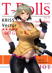 Rule 34 | 1girl, absurdres, alternate breast size, assault rifle, black pants, bow, bow panties, breasts, brown gloves, character name, cleavage, clothes writing, commentary, contrapposto, cover, cowboy shot, english commentary, fake magazine cover, girls&#039; frontline, gloves, grey hair, gun, hand on own hip, highres, huge breasts, kion-kun, kriss vector, looking at viewer, magazine cover, open fly, panties, pants, parted lips, pointing, pointing at viewer, rifle, shirt, short hair, short sleeves, smile, solo, standing, submachine gun, suppressor, unbuttoned, unbuttoned pants, underwear, unzipped, vector (girls&#039; frontline), weapon, white panties, yellow eyes, yellow shirt, zipper, zipper pull tab
