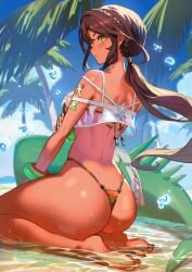 Rule 34 | 1girl, andromeda (fate), andromeda (second ascension) (fate), armlet, ass, back, back focus, bare shoulders, barefoot, bikini, blush, braid, breasts, brown hair, butt crack, cetus (fate), dark-skinned female, dark skin, day, duplicate, fate/grand order, fate (series), feet, from behind, green eyes, hair ornament, highleg, highleg bikini, highres, inflatable toy, lack, large breasts, long hair, looking at viewer, looking back, low ponytail, multicolored bikini, multicolored clothes, outdoors, palm tree, ponytail, rainbow bikini, see-through, see-through shirt, shallow water, sidelocks, sitting, soles, solo, swimsuit, thick thighs, thighs, thong bikini, toes, tree, tropical, water, water drop, wet, white nails