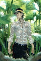 Rule 34 | 1boy, black hair, black pants, contrapposto, expressionless, facial scar, golden kamuy, hat, kepi, leather, leather pants, looking to the side, male focus, military hat, mini person, miniboy, oversized plant, pants, pectorals, plant, scar, scar on cheek, scar on face, scar on nose, see-through, shirt, short hair, simple background, solo, spiked hair, sugimoto saichi, toned, toned male, w55674570w, wet, wet clothes, wet shirt, white shirt, yellow eyes