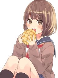 Rule 34 | 1girl, blue sailor collar, blue skirt, blush, bob cut, bread, brown cardigan, brown eyes, brown hair, brown socks, cardigan, commentary request, dot nose, food, highres, holding, holding food, kneehighs, knees, long sleeves, looking at viewer, melon bread, neckerchief, no pupils, open mouth, original, pleated skirt, red neckerchief, sailor collar, school uniform, serafuku, short hair, simple background, sitting, skirt, sleeves past wrists, socks, solo, teeth, upper teeth only, uramakaron, white background