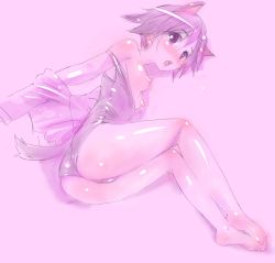 Rule 34 | 1girl, animal ears, arms behind back, ass, barefoot, blush, breasts, breasts out, feet, female focus, legs, looking at viewer, lying, mine (peak), miyafuji yoshika, monochrome, nipples, on side, one-piece swimsuit, open mouth, pink theme, school swimsuit, short hair, solo, strike witches, swimsuit, tail, thighs, world witches series