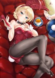 Rule 34 | 10s, 2girls, alternate costume, animal ears, ass, back-seamed legwear, bare shoulders, black legwear, blonde hair, blue eyes, blush, bow, bowtie, braid, breasts, cle masahiro, cleavage, couch, cup, darjeeling (girls und panzer), detached collar, eyebrows, fake animal ears, feet, finger to face, from above, girls und panzer, head out of frame, high heels, holding, large breasts, legs, leotard, looking at viewer, lying, multiple girls, no shoes, pantyhose, playboy bunny, rabbit ears, rabbit tail, red leotard, saucer, seamed legwear, shiny clothes, shoes, unworn shoes, short hair, sitting, smile, soles, solo focus, steam, tail, tea, teacup, toes, wrist cuffs