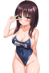 Rule 34 | 1girl, ahoge, arm behind back, blue one-piece swimsuit, blush, breasts, brown hair, cleavage, closed mouth, collarbone, commentary request, competition school swimsuit, covered navel, gluteal fold, green eyes, half-closed eyes, halterneck, hand up, highres, hitachi mako, large breasts, looking at viewer, one-piece swimsuit, school swimsuit, senren banka, simple background, skin tight, smile, solo, sweat, swimsuit, thighs, v, v over eye, white background, yuzu-soft, zirba