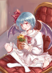 Rule 34 | 1girl, absurdres, alternate costume, bat wings, blue hair, bow, chair, dress, fang, flower, flower pot, frills, full body, hair ribbon, highres, kneehighs, long sleeves, looking at viewer, mao wan, nail polish, open mouth, red eyes, remilia scarlet, ribbon, short hair, sitting, socks, solo, touhou, white socks, wings