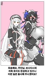 Rule 34 | 2girls, 556 (rzrv7332), animal ears, apron, areola slip, asymmetrical legwear, asymmetrical sleeves, black hair, black lilith (last origin), blush, breasts, cat ears, cat tail, cowboy shot, fellatio gesture, full-face blush, garter straps, grey hair, hair ornament, hand up, hat, highres, huge breasts, large breasts, last origin, light smile, looking at viewer, looking to the side, maid headdress, mismatched legwear, multiple girls, nurse cap, open mouth, oral invitation, out of frame, own hands together, poi (last origin), sideboob, sign, tail, tongue, tongue out, two-tone dress, warning sign