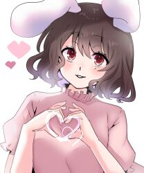 Rule 34 | 1girl, absurdres, animal ears, blush, breasts, brown hair, dress, hands up, heart, heart hands, highres, inaba tewi, kashiwara mana, looking at viewer, parted lips, pink dress, puffy short sleeves, puffy sleeves, rabbit ears, red eyes, short hair, short sleeves, simple background, small breasts, smile, solo, touhou, upper body, white background