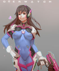 Rule 34 | 1girl, animal print, bodysuit, breasts, brown eyes, brown hair, clothes writing, copyright name, covered erect nipples, covered navel, cowboy shot, d.va (overwatch), facial mark, finger on trigger, gloves, gradient background, grey background, grin, gun, hair between eyes, hand on own hip, headphones, heart, highres, holding, holding gun, holding weapon, long hair, medium breasts, mizu (dl7613), overwatch, overwatch 1, pilot suit, pinky out, rabbit print, smile, solo, thigh gap, weapon, whisker markings, white gloves