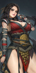 1girl arm_tattoo black_hair breasts brown_eyes collar detached_collar dress eyelashes eyeshadow feather_hair_ornament feathers freya_(god_of_war) god_of_war god_of_war_ragnarok grey_collar hair_ornament highres holding holding_sword holding_weapon large_breasts makeup neoartcore paid_reward_available parted_lips patreon_username pelvic_curtain red_dress runny_makeup solo sword tattoo weapon