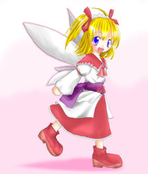 Rule 34 | 1girl, blonde hair, blue eyes, child, eastern and little nature deity, fairy, female focus, full body, gradient background, hair ribbon, headdress, ribbon, short hair, solo, sunny milk, touhou, touhou sangetsusei, twintails, two side up, white background, wings