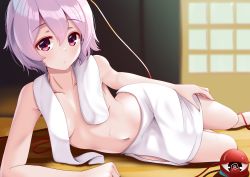 Rule 34 | 1girl, blurry, blurry background, breasts, highres, indoors, komeiji satori, looking at viewer, lying, mantou xiang, naked towel, navel, on side, pink hair, short hair, small breasts, solo, touhou, towel, towel around neck, window