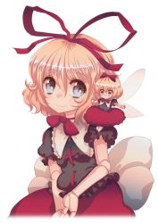 Rule 34 | 2girls, bad id, bad pixiv id, blonde hair, bow, cream (nipakupa), doll joints, female focus, hair bow, hair ribbon, joints, looking at viewer, medicine melancholy, multiple girls, ribbon, simple background, smile, standing, su-san, touhou, white background
