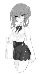 Rule 34 | 1girl, bag, bow, braid, breasts, closed mouth, collared shirt, cropped legs, glasses, greyscale, hair between eyes, hair rings, handbag, head tilt, looking at viewer, monochrome, original, pencil skirt, saru, shirt, shoulder bag, sidelocks, simple background, sketch, skirt, sleeveless, sleeveless shirt, small breasts, solo, white background