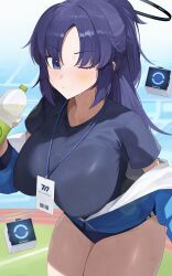 Rule 34 | 1girl, ;|, absurdres, black shirt, blue archive, blue buruma, blush, bottle, breasts, buruma, commentary, curvy, drone, facepaint, half updo, halo, highres, holding, holding bottle, jacket, jacket partially removed, lanyard, large breasts, long hair, looking at viewer, official alternate costume, one eye closed, outdoors, partially unzipped, purple eyes, purple hair, shirt, solo, stadium, star (symbol), sweat, thick thighs, thighs, track jacket, water bottle, weimiaw, yuuka (blue archive), yuuka (track) (blue archive)