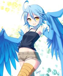 Rule 34 | 10s, 1girl, :d, ahoge, armpits, blue hair, blue wings, blueberry (5959), cowboy shot, feathered wings, flat chest, gradient background, harpy, highres, looking at viewer, midriff, monster girl, monster musume no iru nichijou, open mouth, papi (monster musume), scales, short hair, short shorts, shorts, signature, smile, solo, tank top, winged arms, wings, yellow eyes