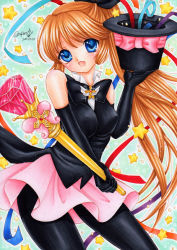 Rule 34 | 1990s (style), 1girl, black gloves, black pantyhose, blue eyes, bow, breasts, brooch, brown hair, confetti, female focus, gem, gloves, hair ribbon, haneoka meimi, hat, jewelry, kaitou saint tail, long hair, magical girl, magician, marker (medium), medium breasts, mocomoco party, pantyhose, pink bow, ponytail, retro artstyle, ribbon, saint tail, skirt, smile, solo, star (symbol), top hat, traditional media, wand