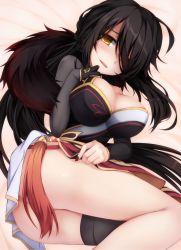 Rule 34 | 1girl, ara haan, ara han, black hair, blush, braid, breasts, cleavage, clothes lift, devi (elsword), elsword, hair over one eye, highres, large breasts, long hair, looking at viewer, lowell (ouranoss2kanata), lying, on side, open mouth, smile, solo, thighs, yama raja (elsword), yellow eyes