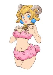 1girl absurdres alternate_costume alternate_hair_length alternate_hairstyle animal_ears bare_shoulders bell bikini blonde_hair blue_eyes breasts cleavage cropped_legs curled_horns earrings eyelashes hands_up highres horns itslyssalala jewelry large_breasts looking_at_viewer mario_(series) navel neck_bell nintendo pink_bikini pink_fur pink_lips princess_peach sheep_ears sheep_girl sheep_horns sheep_tail short_hair smile solo sphere_earrings strapless strapless_bikini swimsuit tail thick_lips wool