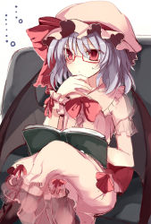 Rule 34 | ..., 1girl, bat wings, bespectacled, blue hair, book, chair, dress, glasses, hat, hat ribbon, mob cap, nazuka (mikkamisaki), open book, pink dress, pink eyes, puffy sleeves, reading, remilia scarlet, ribbon, short sleeves, sitting, solo, touhou, wings, wrist cuffs