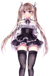 Rule 34 | 1girl, blush, bow, rabbit hair ornament, closed mouth, dress, earrings, fishnet thighhighs, fishnets, grey eyes, hair between eyes, hair ornament, highres, jewelry, long hair, looking at viewer, maplestory, mole, mole under eye, orchid (maplestory), rabbit, silver hair, simple background, skirt, smile, solo, standing, thighhighs, twintails, user sekn8548, white background, white dress