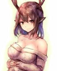 Rule 34 | 1girl, animal ears, antlers, bare shoulders, borrowed character, breasts, brown eyes, brown hair, cleavage, collarbone, highres, horns, large breasts, looking at viewer, matching hair/eyes, off-shoulder, off-shoulder sweater, off shoulder, original, simple background, sketch, smile, solo, sukemyon, sweater, upper body, white sweater
