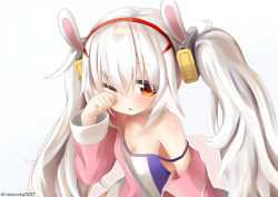 Rule 34 | 1girl, absurdres, animal ears, azur lane, blush, breasts, buttons, cleavage, closed mouth, collarbone, dot nose, fake animal ears, fake tail, floating hair, full body, fur trim, hair between eyes, hairband, half-closed eyes, highres, holding, jacket, laffey (azur lane), legs apart, lifebuoy, long hair, long sleeves, looking at viewer, machinery, miniskirt, off shoulder, open clothes, open jacket, pigeon-toed, pink jacket, platform footwear, pleated skirt, pocket, purple hair, rabbit, rabbit ears, rabbit tail, red eyes, red hairband, red skirt, rotroto, shirt, sidelocks, simple background, single vertical stripe, skirt, sleeves past wrists, small breasts, smokestack, solo, spotlight, swim ring, tachi-e, tail, thighhighs, torpedo, turret, twintails, white background, white thighhighs, wide sleeves, zettai ryouiki, zipper pull tab