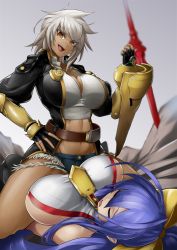 Rule 34 | 2girls, :d, antenna hair, backless outfit, bare shoulders, black gloves, blazblue, blazblue: central fiction, blazblue variable heart, blue hair, bow, breasts, brown eyes, bullet (blazblue), cleavage, closed eyes, commentary request, commission, cutoffs, dark-skinned female, dark skin, defeat, denim, denim shorts, femdom, fingerless gloves, gauntlets, gloves, groin, hair between eyes, hair bow, jacket, large breasts, long hair, looking at another, lying, mai natsume, medium hair, micro shorts, midriff, multiple girls, navel, on back, open mouth, outseal, polearm, ponytail, scar, scar on face, scar on nose, shorts, sideboob, sidelocks, silver hair, single gauntlet, sitting, sitting on person, skeb commission, smile, sowel (sk3), spear, straddling, swept bangs, teeth, upper teeth only, very long hair, weapon, yellow bow