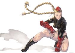 Rule 34 | 1girl, alternate color, alternate costume, arm support, armband, black footwear, black leotard, black necktie, blonde hair, blue eyes, boots, braid, cammy white, closed mouth, fingerless gloves, floating hair, full body, gauntlets, gloves, hat, highleg, highleg leotard, highres, kotatsu (g-rough), leotard, long hair, long sleeves, looking at viewer, necktie, negative space, on one knee, red hat, short necktie, solo, street fighter, twin braids, twintails, very long hair