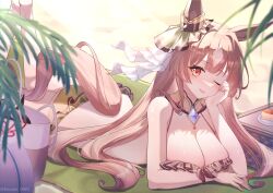 1girl ;p animal_ears bikini bow breasts brown_hair cake cleavage commentary_request ear_ribbon elanore food green_bikini green_ribbon highres horse_ears horse_girl horse_tail large_breasts long_hair looking_at_viewer lying on_stomach one_eye_closed orange_eyes ribbon sand satono_diamond_(umamusume) swimsuit tail tongue tongue_out twitter_username umamusume