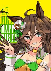 Rule 34 | 1girl, absurdres, ahoge, animal ears, aqua eyes, arm belt, asymmetrical sleeves, belt, breasts, brown hair, commentary request, gold choker, grin, hair between eyes, hair ornament, hairclip, hat, highres, horse ears, horse girl, j12 1122, jacket, long hair, long sleeves, looking at viewer, medium breasts, mini hat, mini top hat, mr. c.b. (umamusume), open clothes, open jacket, shirt, simple background, single bare shoulder, smile, solo, strapless, strapless shirt, tilted headwear, top hat, umamusume, upper body, w, white belt, white hat