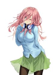 Rule 34 | 1girl, augu (523764197), black pantyhose, blue cardigan, blue eyes, breasts, cardigan, go-toubun no hanayome, green skirt, hair between eyes, hand on headphones, head tilt, headphones, headphones around neck, highres, large breasts, legs, long hair, long sleeves, nakano miku, one eye closed, open mouth, pantyhose, pink hair, shirt, simple background, skirt, solo, standing, thighs, white background, white shirt