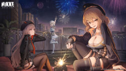 Rule 34 | 3girls, anis (nikke), beret, black headwear, black skirt, black thighhighs, blue eyes, breasts, brown eyes, brown hair, cho gum, cleavage, closed mouth, counters (nikke), fireworks, glasses, goddess of victory: nikke, hair between eyes, hat, highres, holding fireworks, jacket, large breasts, long hair, long sleeves, looking at viewer, multiple girls, neon (nikke), night, official art, one eye closed, open mouth, outdoors, plant, pleated skirt, pointing, potted plant, rapi (nikke), second-party source, shorts, sitting, skirt, smile, thighhighs, white hair, white headwear, white skirt