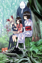 Rule 34 | 1boy, 3girls, :d, bare shoulders, black footwear, black hair, black legwear, blonde hair, blunt bangs, boots, braid, cleavage cutout, clothing cutout, crescent, forest, full body, glasses, japanese clothes, kimono, long hair, long sleeves, looking down, lowres, miniskirt, multiple girls, nature, obi, open mouth, original, outdoors, plant, red ribbon, ribbon, sandals, sash, shirt, short hair, short sleeves, single braid, sitting, skirt, sleeveless, sleeveless shirt, smile, socks, standing, t-shirt, tabi, thighhighs, tomihero, tree, twintails, white legwear, wide sleeves