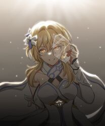 Rule 34 | 1girl, bare shoulders, blonde hair, breasts, cleavage, collarbone, commentary, detached sleeves, dress, english commentary, flower, genshin impact, glass, grey background, grin, hair between eyes, hair flower, hair intakes, hair ornament, hand up, highres, holding, long hair, long sleeves, looking at viewer, lumine (genshin impact), medium breasts, nirvelia, orange eyes, smile, solo, white dress, white flower, white sleeves