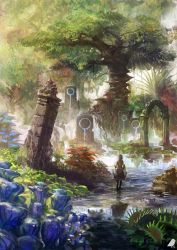 Rule 34 | 1girl, arch, blonde hair, dress, flower, from behind, highres, long hair, original, plant, ruins, scenery, solo, standing, stone, tree, venus flytrap, wading, water, you (shimizu)