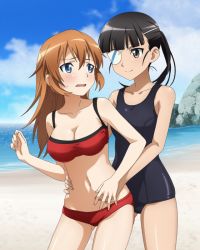 Rule 34 | 2girls, bikini, black hair, black one-piece swimsuit, blue eyes, blue one-piece swimsuit, blush, breasts, brown eyes, brown hair, charlotte e. yeager, cleavage, collarbone, day, eyepatch, grabbing, grabbing from behind, groin, looking back, medium breasts, multiple girls, navel, non-web source, ocean, one-piece swimsuit, ponytail, red bikini, sakamoto mio, sky, smile, standing, strike witches, swimsuit, world witches series, yuri