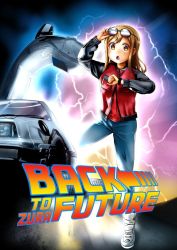 Rule 34 | 1girl, back to the future, car, ckst, cosplay, delorean, denim, electricity, english text, eyewear on head, gullwing doors, highres, jacket, jeans, kunikida hanamaru, love live!, love live! sunshine!!, marty mcfly, marty mcfly (cosplay), motor vehicle, pants, parody, poster (medium), shoes, sneakers, solo, watch