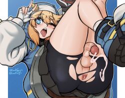 Rule 34 | 1boy, androgyne symbol, androgynous, anus, ass, bike shorts, bike shorts under skirt, blonde hair, blue eyes, bridget (guilty gear), cum, cum in ass, guilty gear, guilty gear strive, highres, legs up, lord guyis, one eye closed, penis, shoes, solo, testicles, thick thighs, thighs, tongue, tongue out, torn clothes, trap, v