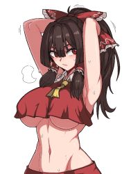 Rule 34 | 1girl, armpits, arms up, ascot, blouse, breasts, brown hair, collared shirt, crop top, detached sleeves, formicid, frilled shirt collar, frilled skirt, frills, hakurei reimu, large breasts, long hair, red eyes, red shirt, red skirt, red vest, shirt, sidelocks, simple background, skirt, sleeveless, sleeveless shirt, solo, touhou, underboob, vest, white background, yellow ascot