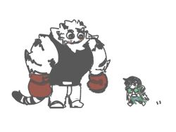 Rule 34 | 0 0, 1boy, 1girl, animal ears, arknights, blush, boxing gloves, bush, character request, chibi, eye contact, facial hair, full body, furry, furry male, goatee, highres, kotcate, large hands, large pectorals, looking at another, mountain (arknights), muscular, muscular male, pectorals, scar, scar across eye, scar on arm, short hair, size difference, sketch, standing, thick eyebrows, tiger boy, tiger ears, white hair