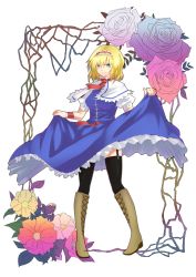 Rule 34 | 1girl, alice margatroid, bad id, bad pixiv id, black thighhighs, blonde hair, blue eyes, boots, clothes lift, cross-laced footwear, dress, dress lift, female focus, flower, full body, garter straps, hairband, knee boots, lace-up boots, leaf, rose, ruchi, short hair, solo, thighhighs, touhou, white background