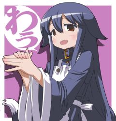 Rule 34 | 1girl, animal ears, apron, bad id, bad tumblr id, blue hair, blush, character request, collar, fox tail, jigoku doubutsuen, long hair, looking at viewer, matsuda yuusuke, red eyes, shadow puppet, solo, tail, translation request, wide sleeves