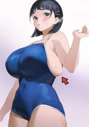 Rule 34 | 1girl, alternate breast size, alternate eye color, aqua eyes, arrow (symbol), belly, black hair, blue one-piece swimsuit, blush, bob cut, breasts, bursting breasts, covered navel, feet out of frame, hair ornament, hairclip, hand up, huge breasts, ikuchan kaoru, kirigaya suguha, large breasts, looking at viewer, looking down, looking to the side, one-piece swimsuit, open mouth, parted lips, revision, school swimsuit, short hair, sideboob, skindentation, solo, standing, sweat, swimsuit, sword art online, thighs, undersized clothes