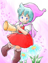 Rule 34 | 1980s (style), 1girl, blue eyes, blue hair, boots, cape, dress, fairy, female focus, flower, flying, grimm&#039;s fairy tales, hat, horn (instrument), instrument, matching hair/eyes, retro artstyle, puffy sleeves, purple background, retro artstyle, short sleeves, smile, solo, tantan255, world masterpiece theater