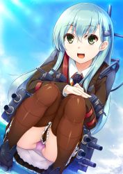Rule 34 | 10s, 1girl, aqua hair, brown thighhighs, cannon, day, green eyes, hair ornament, hairclip, highres, kantai collection, long hair, looking at viewer, open mouth, panties, pantyshot, pink panties, school uniform, skirt, smile, solo, sorano (12gou), squatting, suzuya (kancolle), thighhighs, turret, underwear