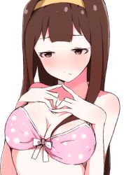 Rule 34 | 1girl, bare arms, bare shoulders, blush, bow, bow bra, bra, breasts, brown eyes, brown hair, cleavage, closed mouth, collarbone, enelis, hairband, hands up, idolmaster, idolmaster million live!, idolmaster million live! theater days, long hair, medium breasts, nose blush, pink bra, polka dot, polka dot bra, solo, tanaka kotoha, underwear, underwear only, very long hair, yellow hairband